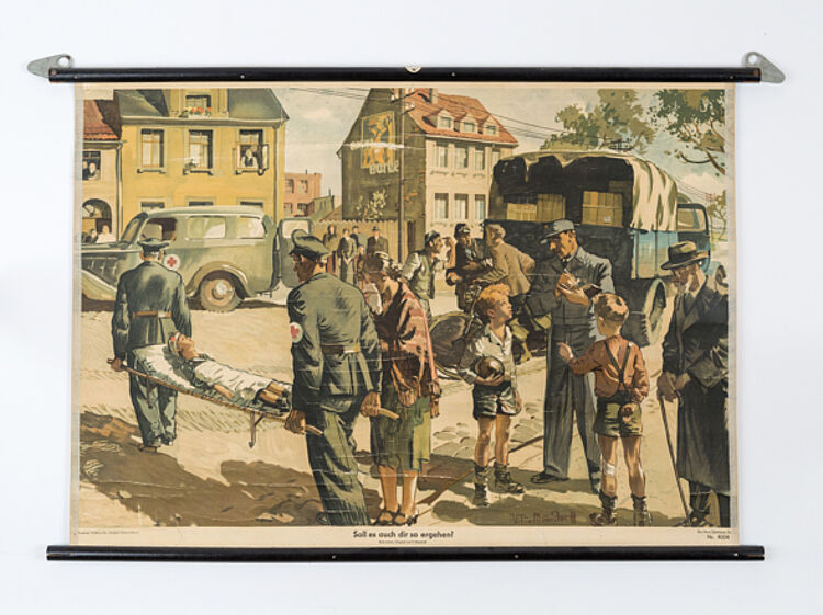 'Soll es auch dir so ergehen?': Darstellung eines Verkehrsunfalls mit Personenschaden,  Zeichnung von Victor Mundorff, Rotkreuz-Museum Luckenwalde (Reproduktion: Jörg F. Müller)